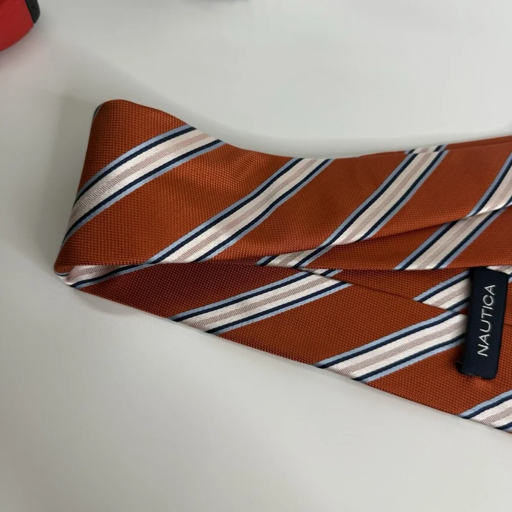 NWOT Nautica Men's Silk Necktie‎ Stripe Orange 3 7/8